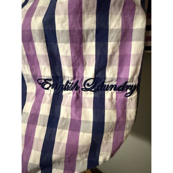 English Laundry Check Plaid Shirt Size 16.5-32/33 Cotton Purple Blue White - Picture 5 of 7
